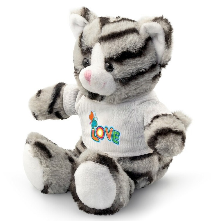 Pluszowy kot z białą koszulką do nadruku